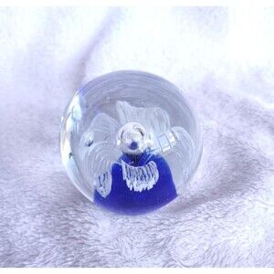 Sitco Imports Blown Art Glass Controlled Bubbles Paperweight Blue White Clear
